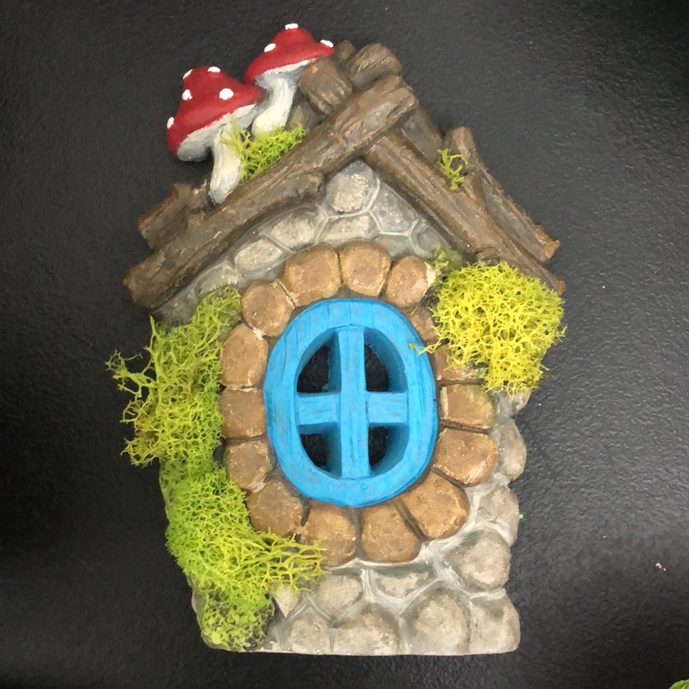 Whimsical Cement Stone Fairy House with Red Mushrooms 🍄 green Moss Hand Painted